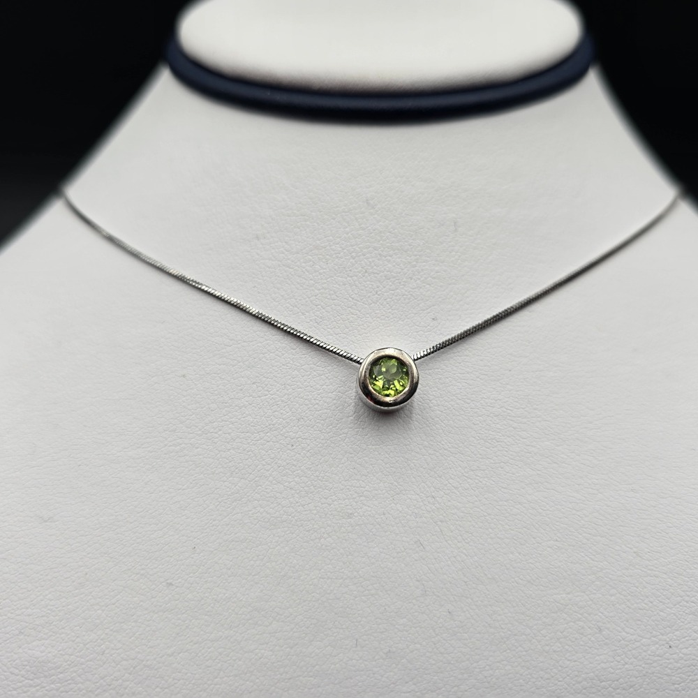 Sterling Silver Round Peridot Bezel Slider Pendant Necklace 925 Snake Chain 17In